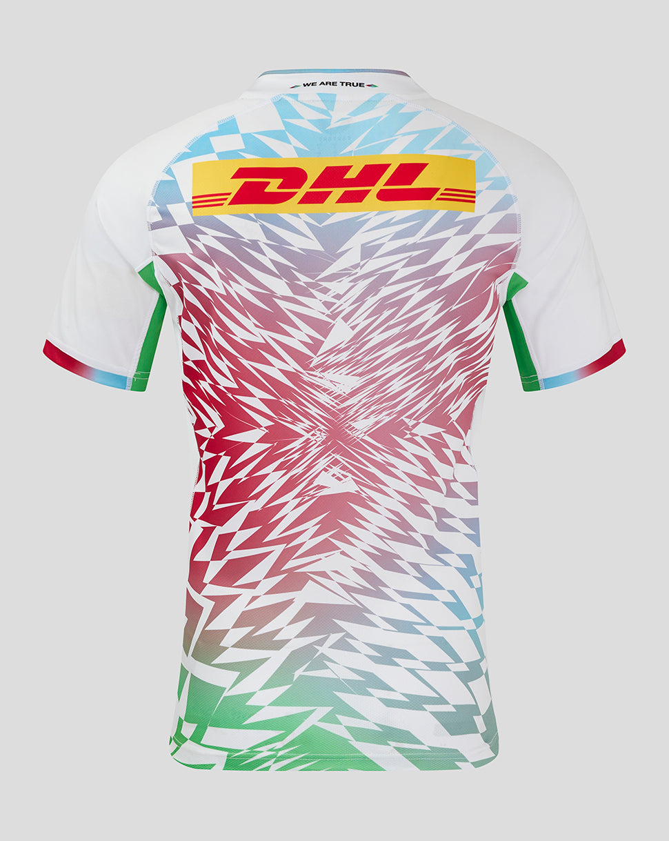 Back view of Harlequins away shirt featuring a multicolor geometric gradient and a large DHL logo across the back.
