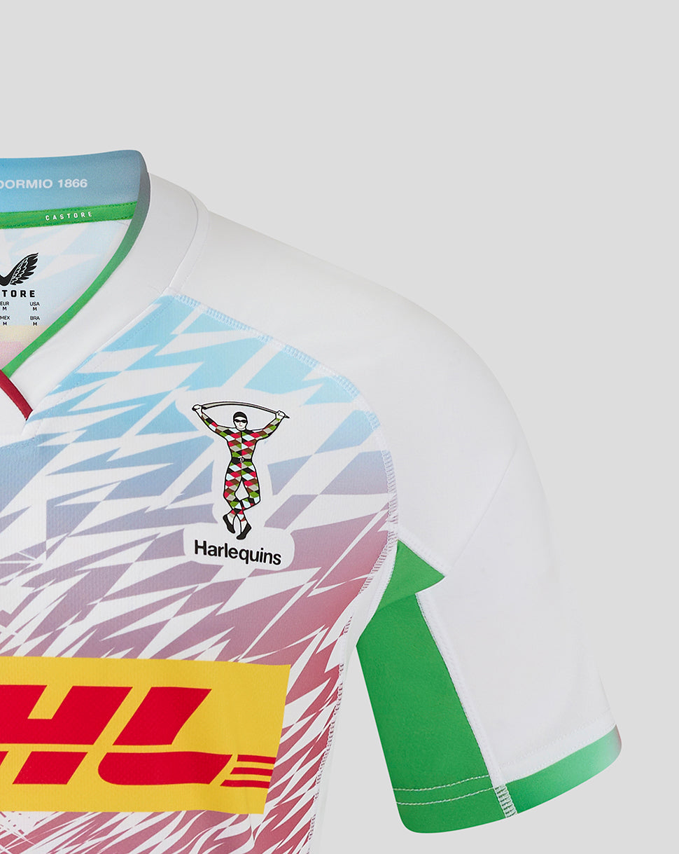 Shoulder and sleeve view highlighting green sleeve panels and ombre cuff on the Harlequins Away Shirt.