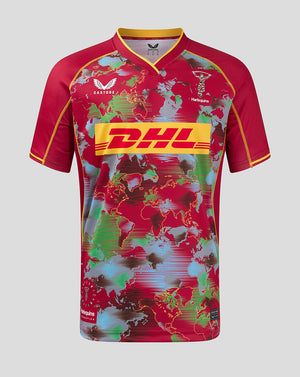 Harlequins Big Game Shirt in bold world map print with DHL logo across the front and crest on the chest