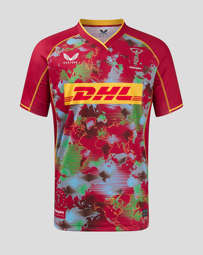 Harlequins Big Game Shirt in bold world map print with DHL logo across the front and crest on the chest