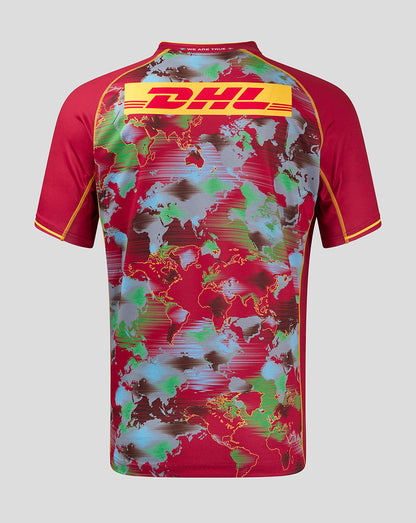 Back view of Harlequins Men 24/25 Big Game Shirt with world map print and bold DHL banner across the back