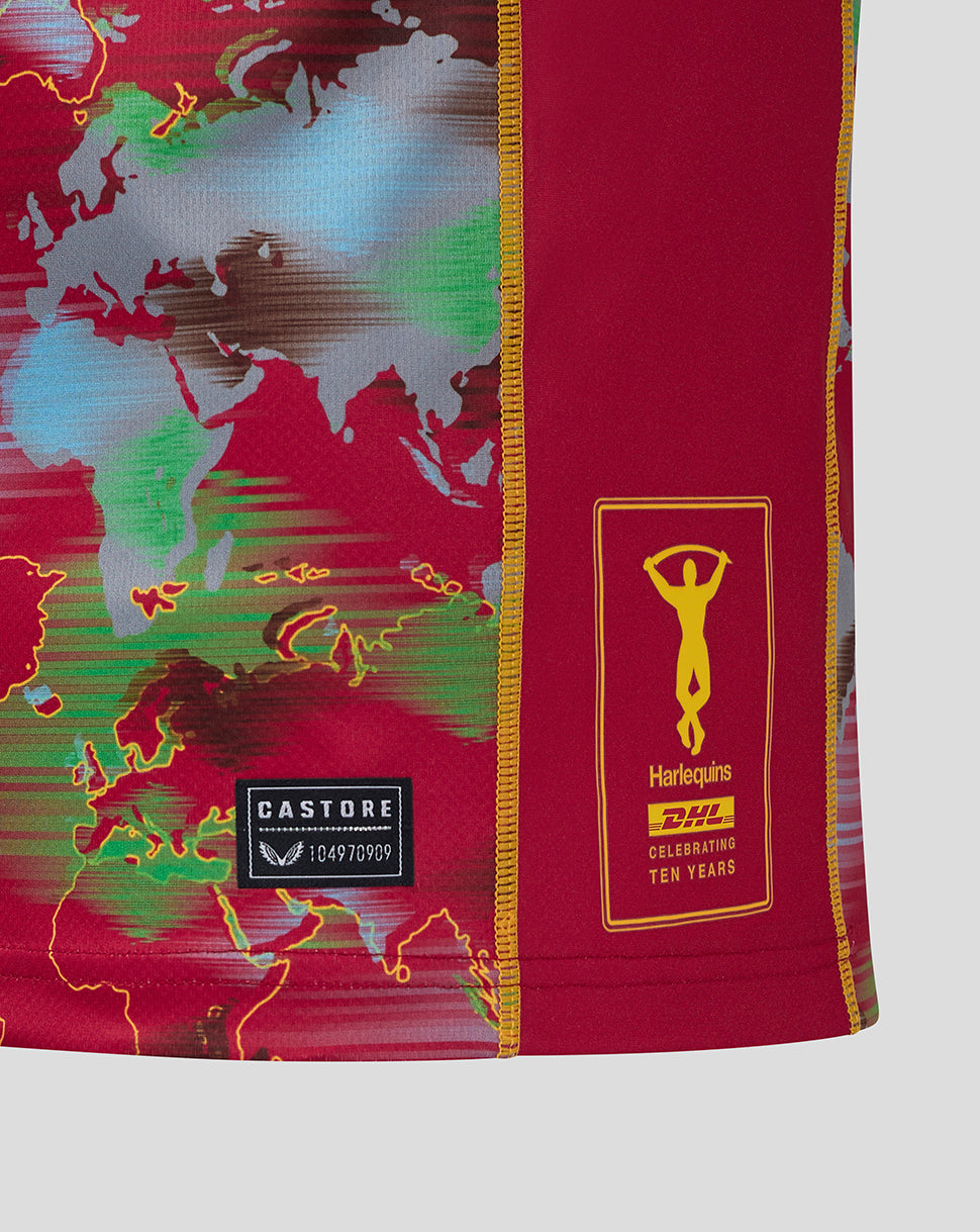 Side hem view of Harlequins Big Game shirt showing world map print DHL sponsor stripe and Harlequins crest patch