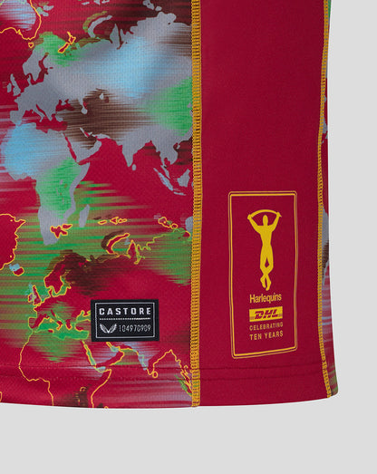 Side hem view of Harlequins Big Game shirt showing world map print DHL sponsor stripe and Harlequins crest patch