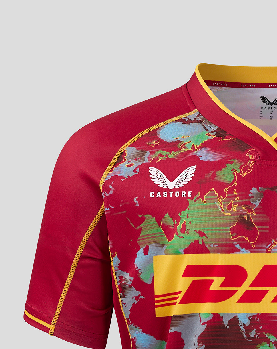 Shoulder view of Harlequins Big Game shirt with world map print and Castore branding on the neck trim