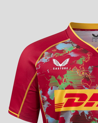 Shoulder view of Harlequins Big Game shirt with world map print and Castore branding on the neck trim