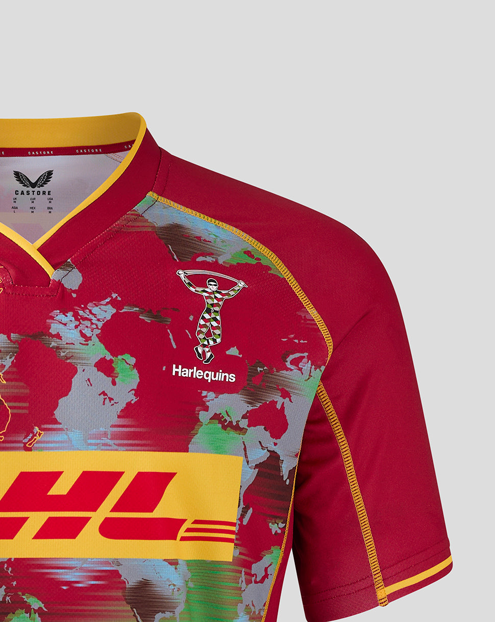 Harlequins Big Game shirt in red with multicolored world map print, silicone Harlequins crest on left chest and large DHL logo across the front
