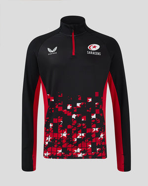 Black Saracens matchday quarter zip top with red zipper and red geometric pattern at the front