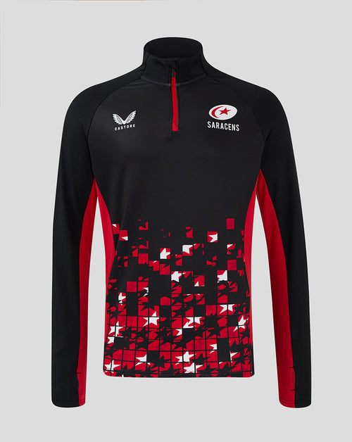 Black Saracens matchday quarter zip top with red zipper and red geometric pattern at the front