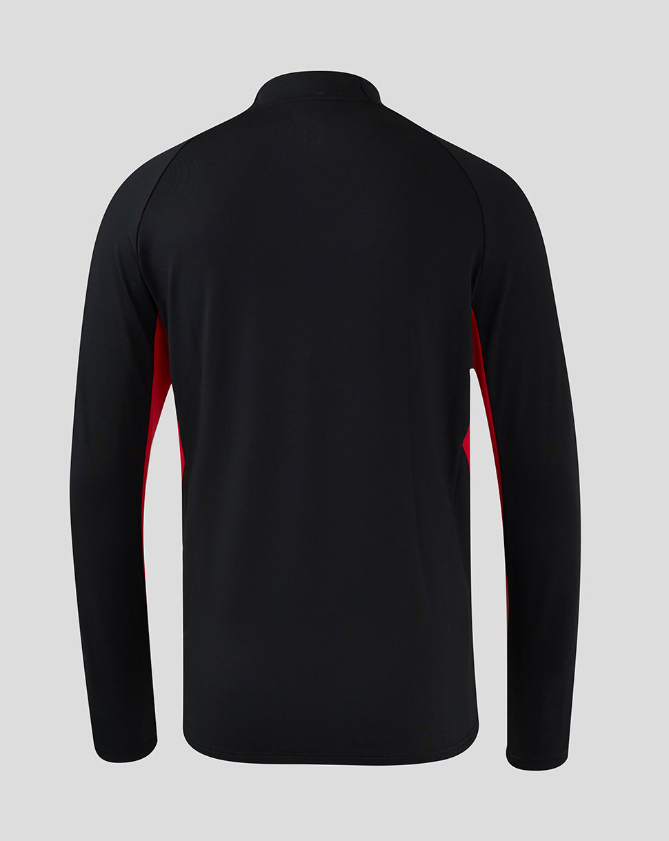 Back view of black Saracens matchday 1/4 zip with red side panels.