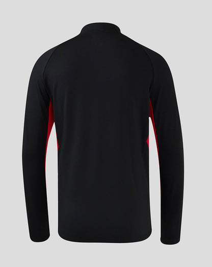 Back view of black Saracens matchday 1/4 zip with red side panels.