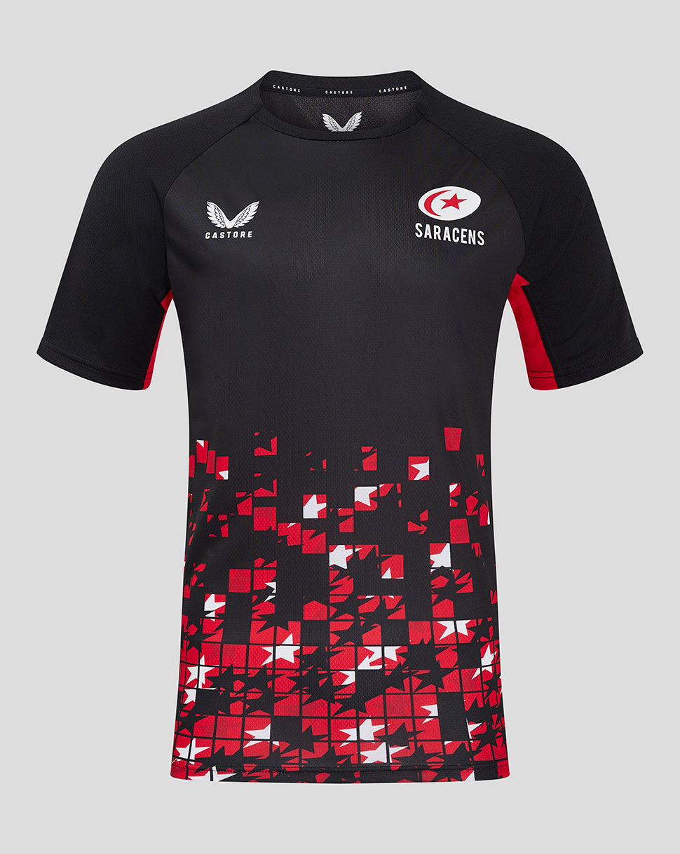 Front view of Saracens 24/25 matchday tee in black with red mosaic hem and chest logos
