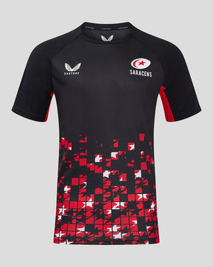 Front view of Saracens 24/25 matchday tee in black with red mosaic hem and chest logos