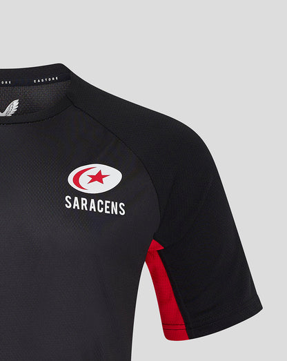 Saracens matchday jersey left chest crest on black fabric with red side panel