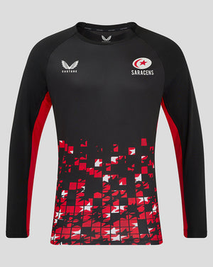 Front of black Saracens Matchday long sleeve tee with Castore logo on left chest and Saracens crest on right chest.