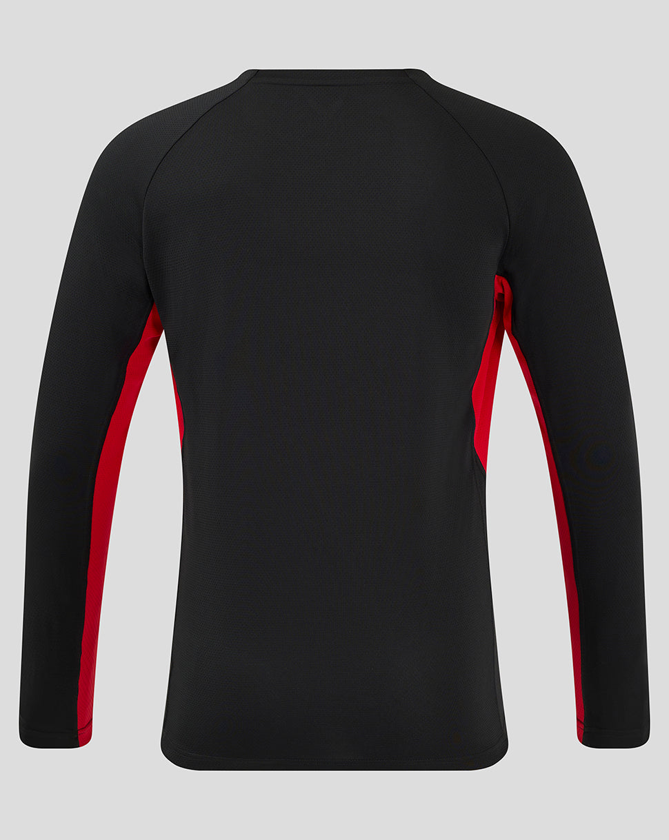 Back view of black Saracens matchday long sleeve tee with red side panels and dropped hem.