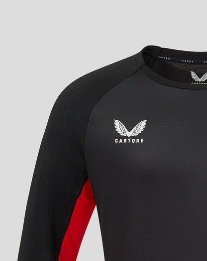 Front close up of black Saracens matchday tee chest area with Castore branding.