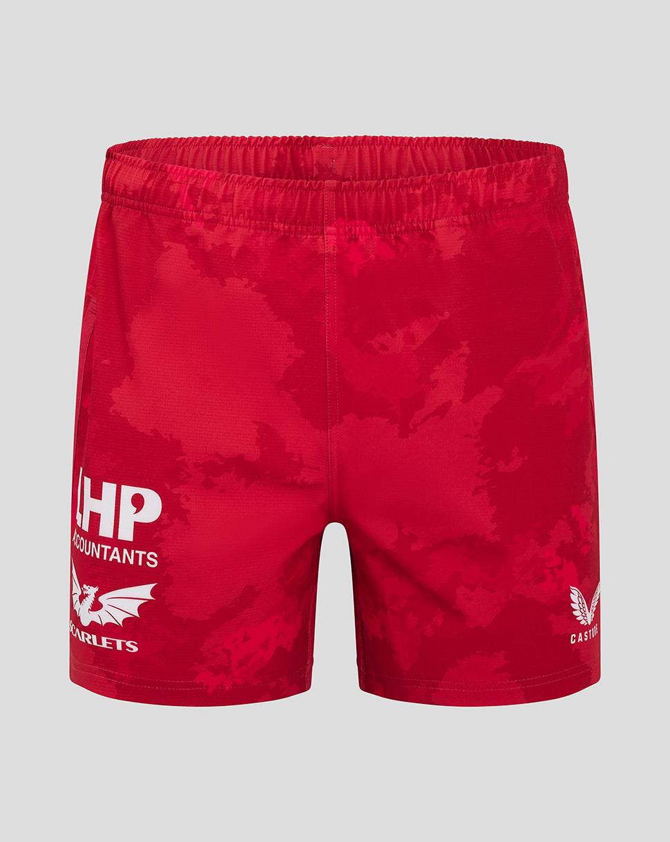 Front view of Scarlets red home pro shorts with LHP Accountants logo and dragon emblem on the left leg