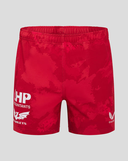 Front view of Scarlets red home pro shorts with LHP Accountants logo and dragon emblem on the left leg