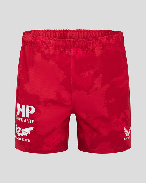 Front view of Scarlets red home pro shorts with LHP Accountants logo and dragon emblem on the left leg