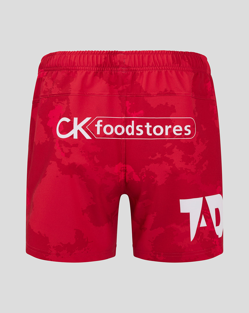 Back view of Scarlets red shorts with CK Foodstores logo across the rear and a large white 74 on the right leg