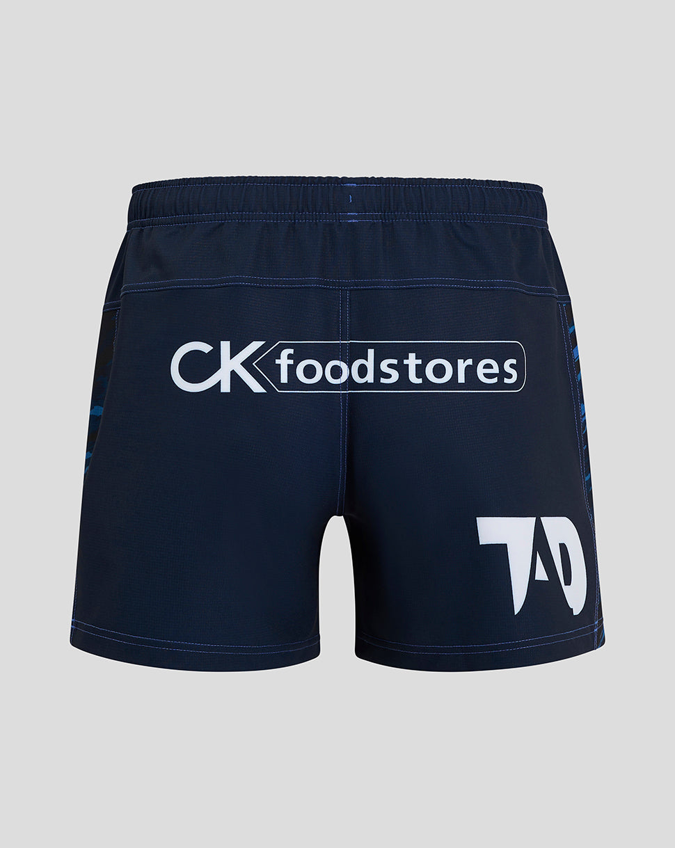 Back view of navy Scarlets shorts with CK foodstores logo across the back