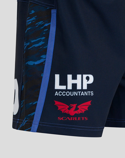 Side close up of navy shorts with blue camouflage panel and LHP Accounts branding