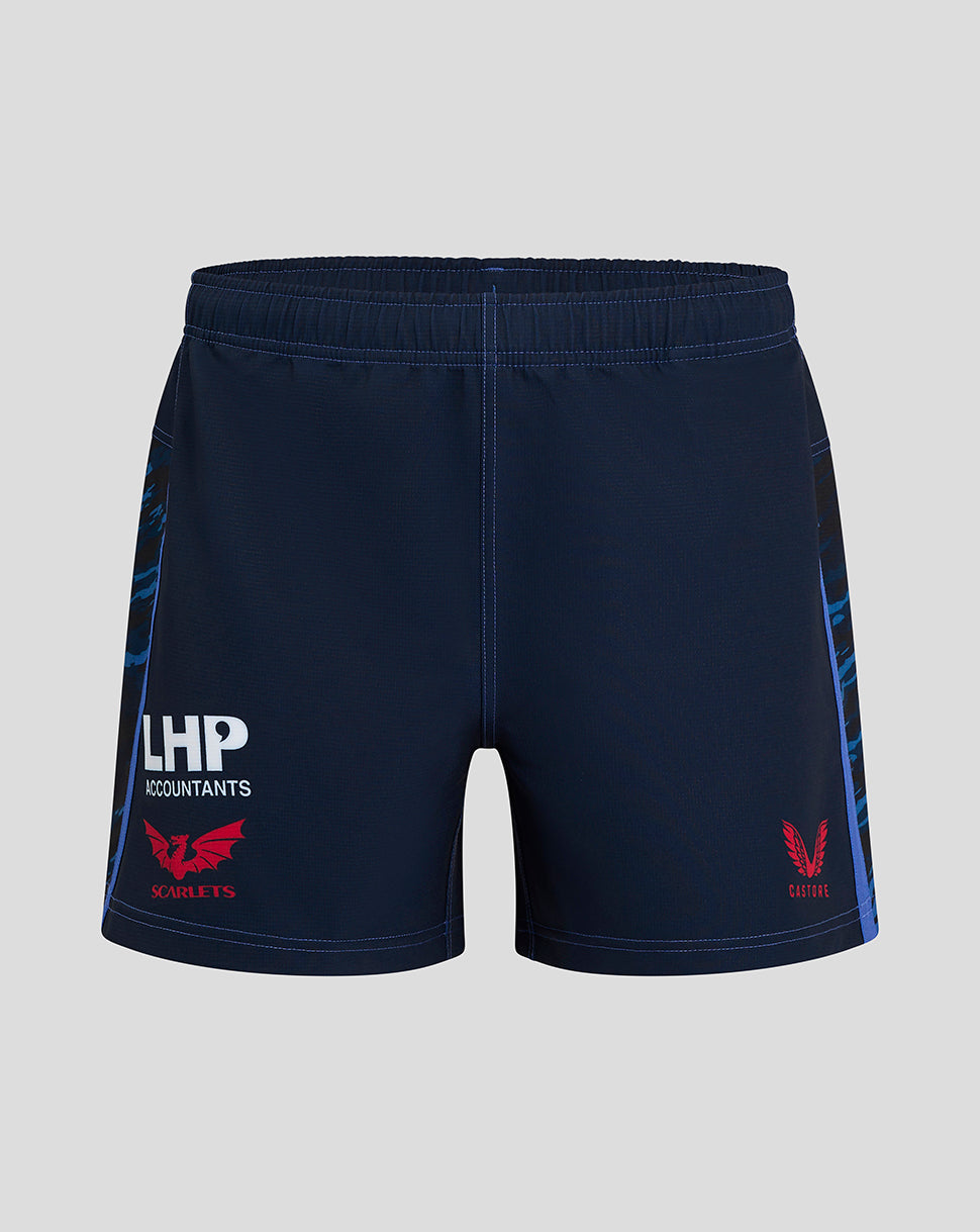 Front view of navy Scarlets away Pro shorts with blue camo side panels and sponsor logos.