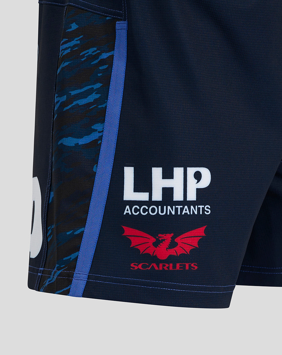 Side view of navy Scarlets shorts showing blue camo stripe and LHP Accounts logo.