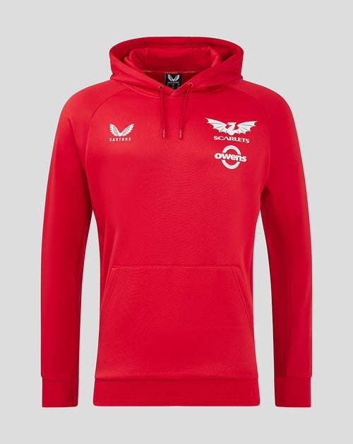 Front view of red Scarlets women pro players hoody with hood, Castore logo on left chest, Scarlets crest on right chest, Owens logo nearby.