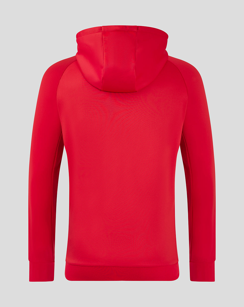 Back view of Scarlets women's 24/25 Pro Players Hoody in red with hood and ribbed hem