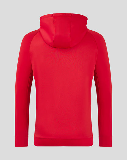 Back view of Scarlets women's 24/25 Pro Players Hoody in red with hood and ribbed hem