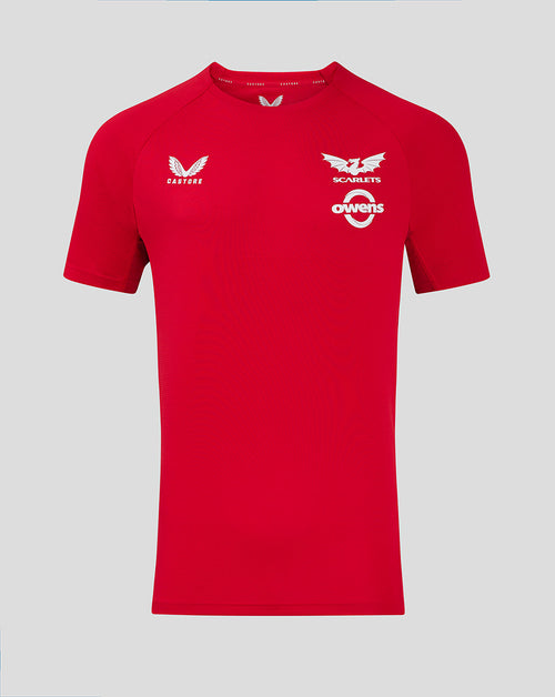 Front view of Scarlets men's Pro Players short sleeve T shirt in red with Castore and Scarlets logos on the chest