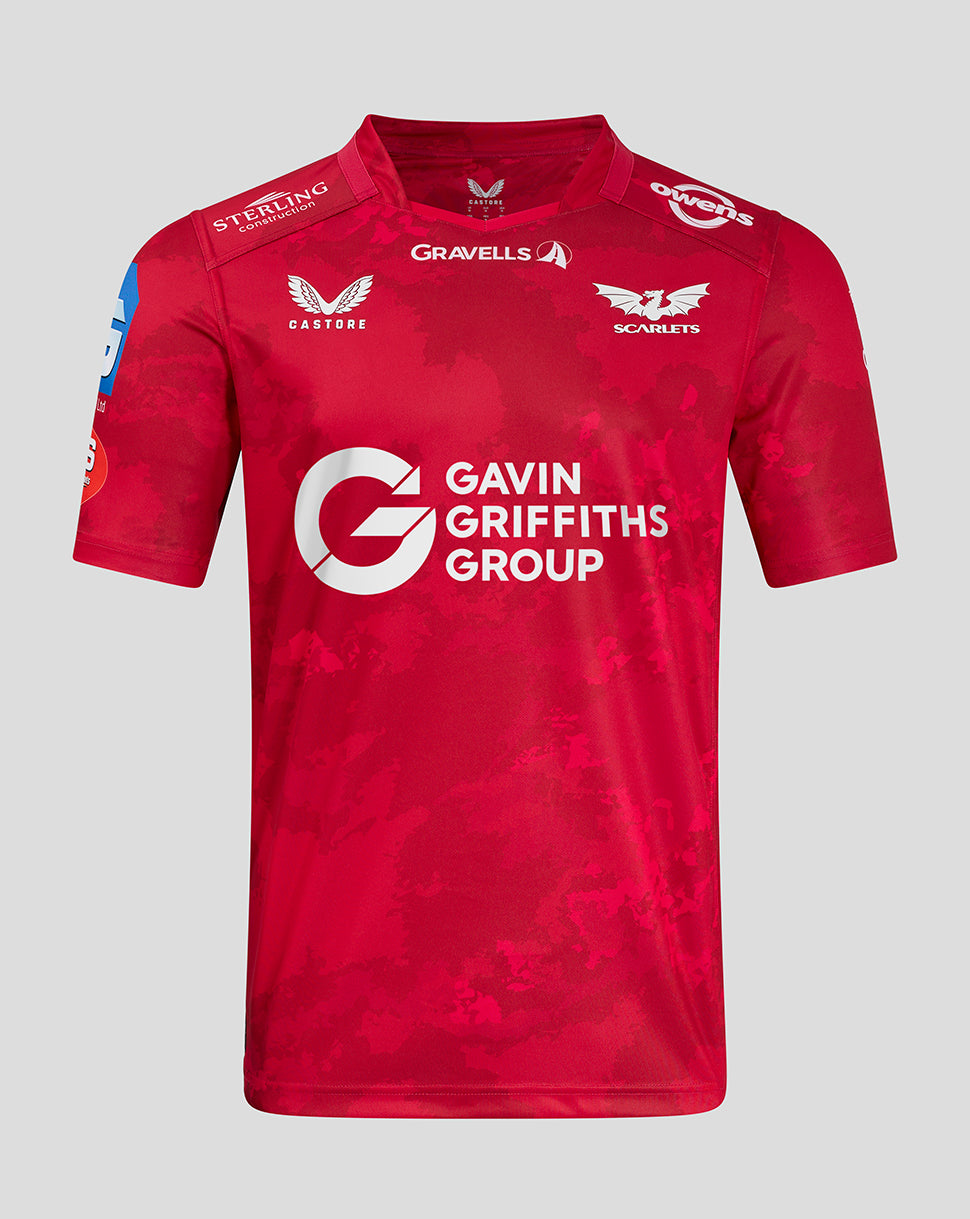 Scarlets home red rugby shirt with white Gavin Griffiths Group logo and Scarlets crest on chest