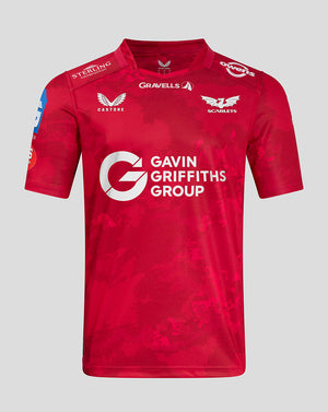 Scarlets home red rugby shirt with white Gavin Griffiths Group logo and Scarlets crest on chest