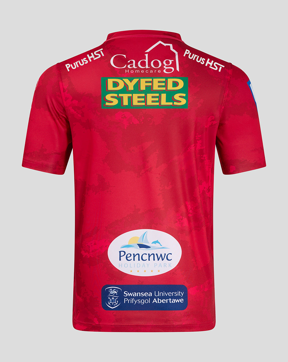 Back view of a red Scarlets home shirt with Dyfed Steels sponsor across the back and additional logos on the lower back.