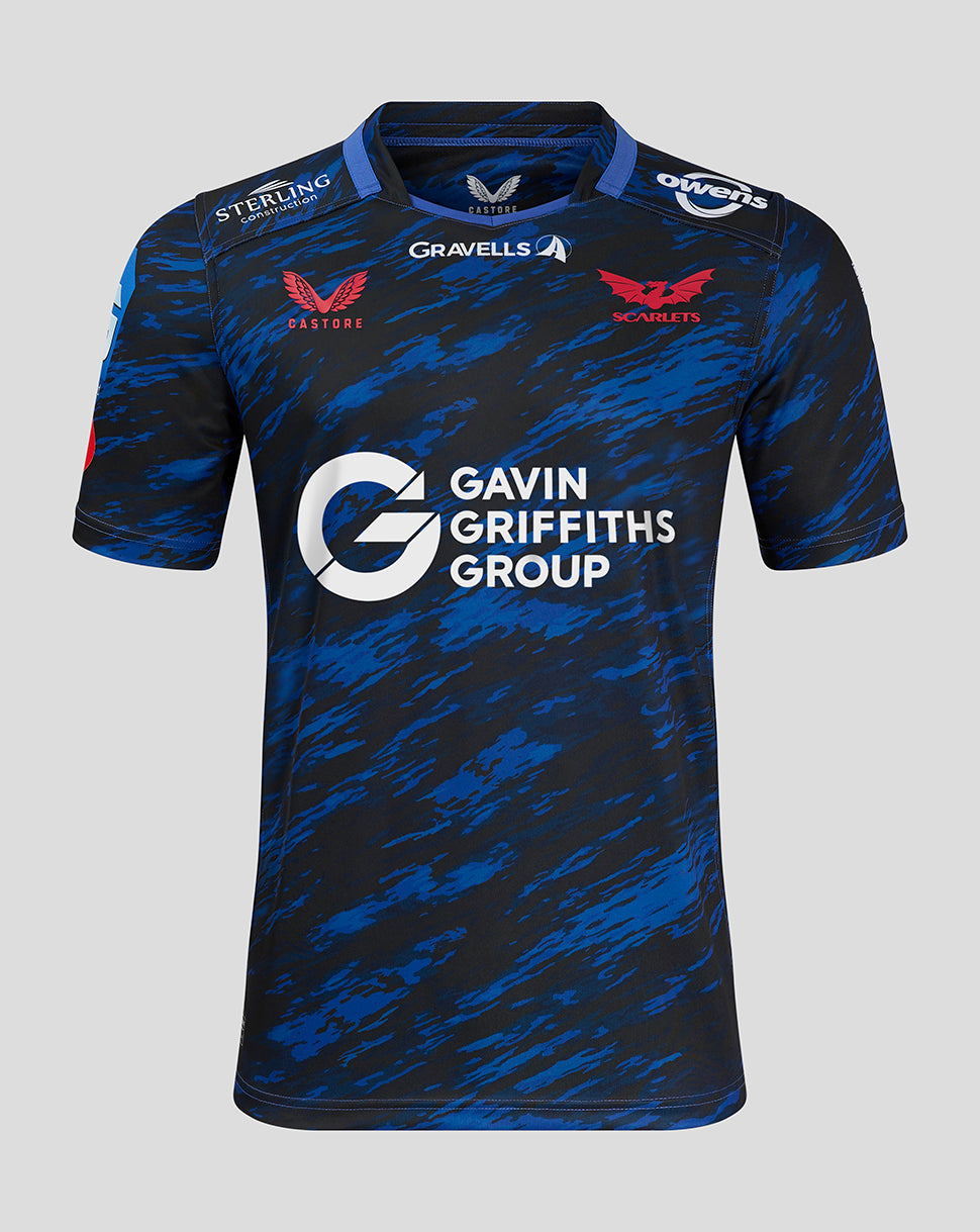 Front view of Scarlets away shirt in blue camo with Gavin Griffiths Group logo and Scarlets crest.
