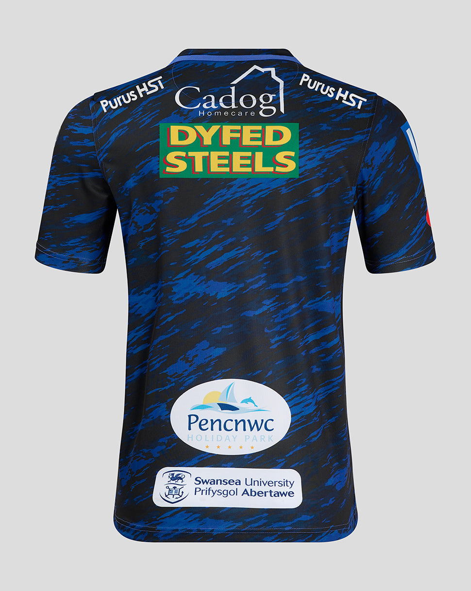 Back view of Scarlets away shirt in blue camouflage with prominent Dyfed Steels sponsor and lower back logos