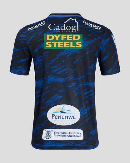 Back view of Scarlets away shirt in blue camouflage with prominent Dyfed Steels sponsor and lower back logos