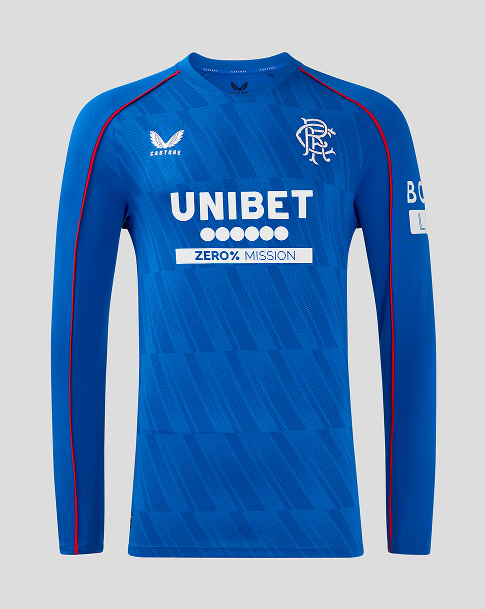 Front view of blue Rangers home long sleeve shirt with UNIBET sponsor and Rangers crest