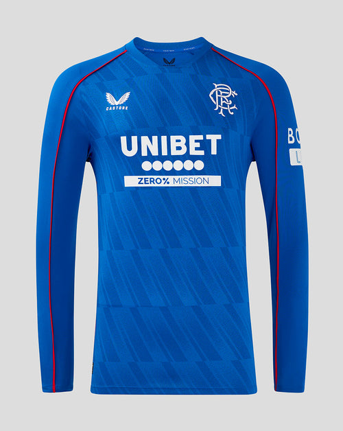 Front view of blue Rangers home long sleeve shirt with UNIBET sponsor and Rangers crest