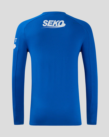 Back view of blue Rangers home long sleeve shirt with white SEKO logo across the upper back