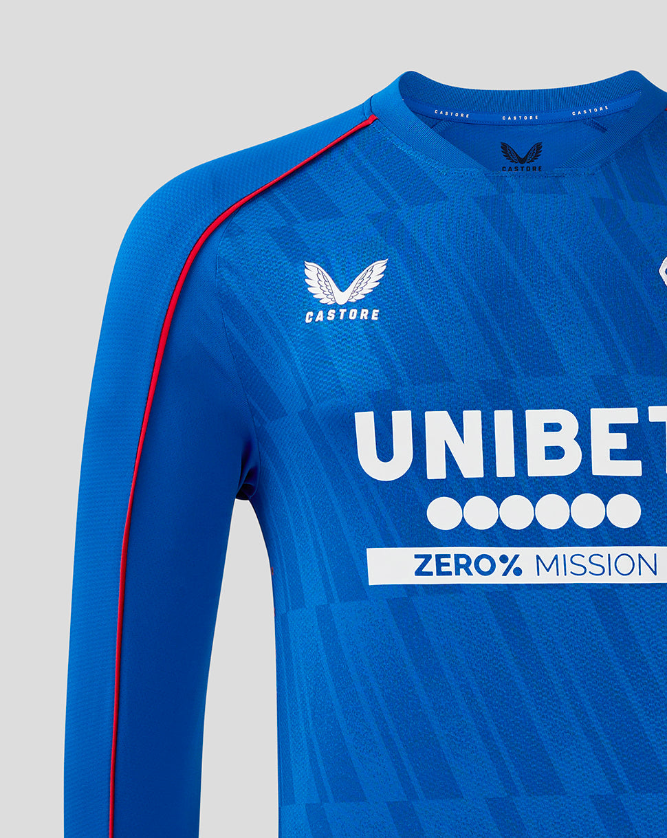 Front view of blue Rangers home long sleeve shirt with UNIBET sponsor across the chest and Castore branding at the chest