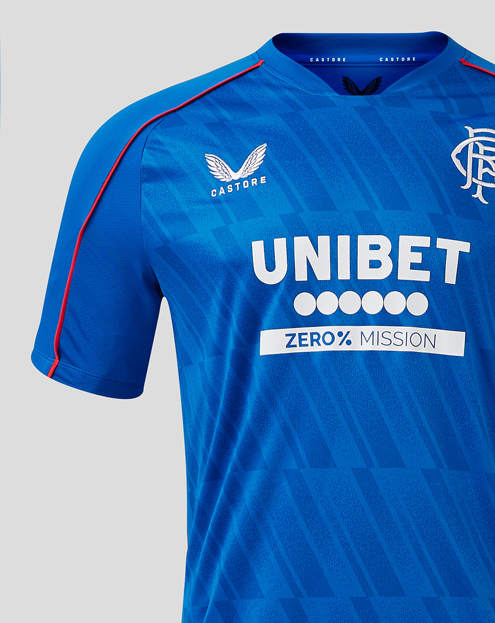 Front view of blue Rangers home shirt with UNIBET sponsor, club crest on left chest and Castore branding on right.
