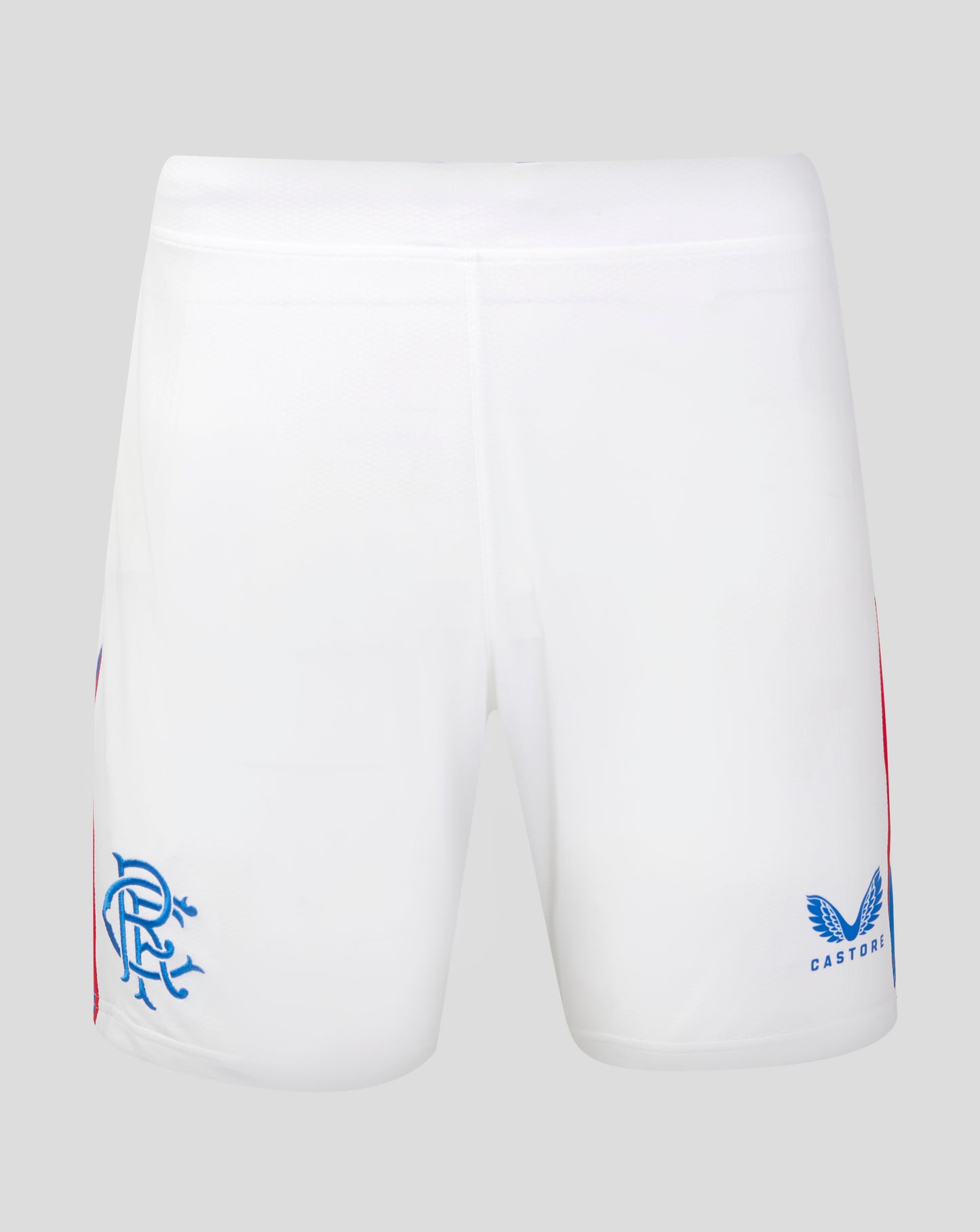 Rangers junior white home shorts with blue crest on the left thigh and Castore branding on the right thigh