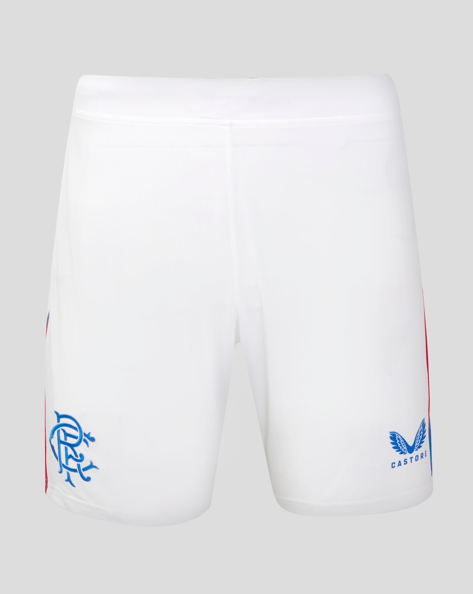 Front view of Rangers 24/25 Home Shorts with drawcord waistband contrast side panels and right thigh crest