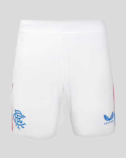 Front view of Rangers 24/25 Home Shorts with drawcord waistband contrast side panels and right thigh crest