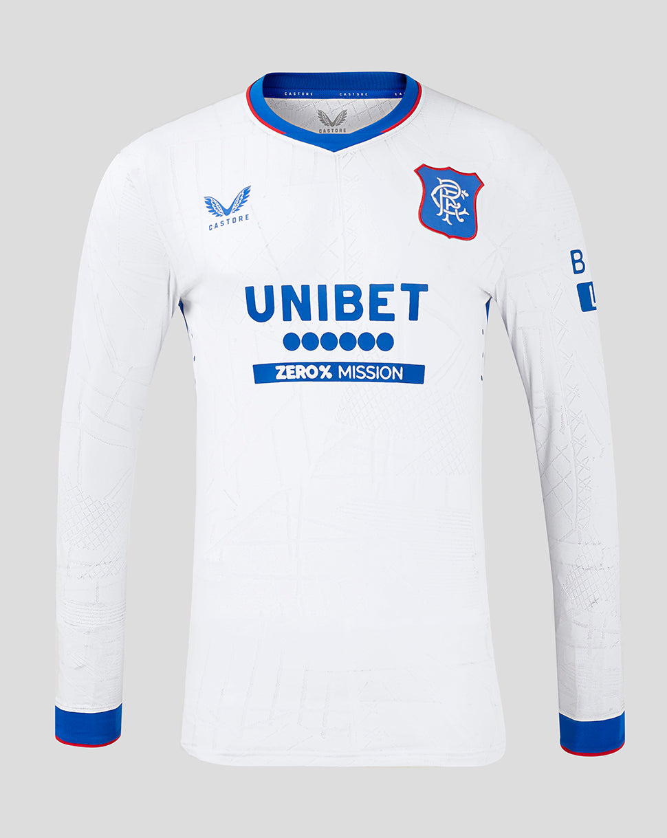 White Rangers away long sleeve shirt with blue crest on left chest and UNIBET sponsor across the front