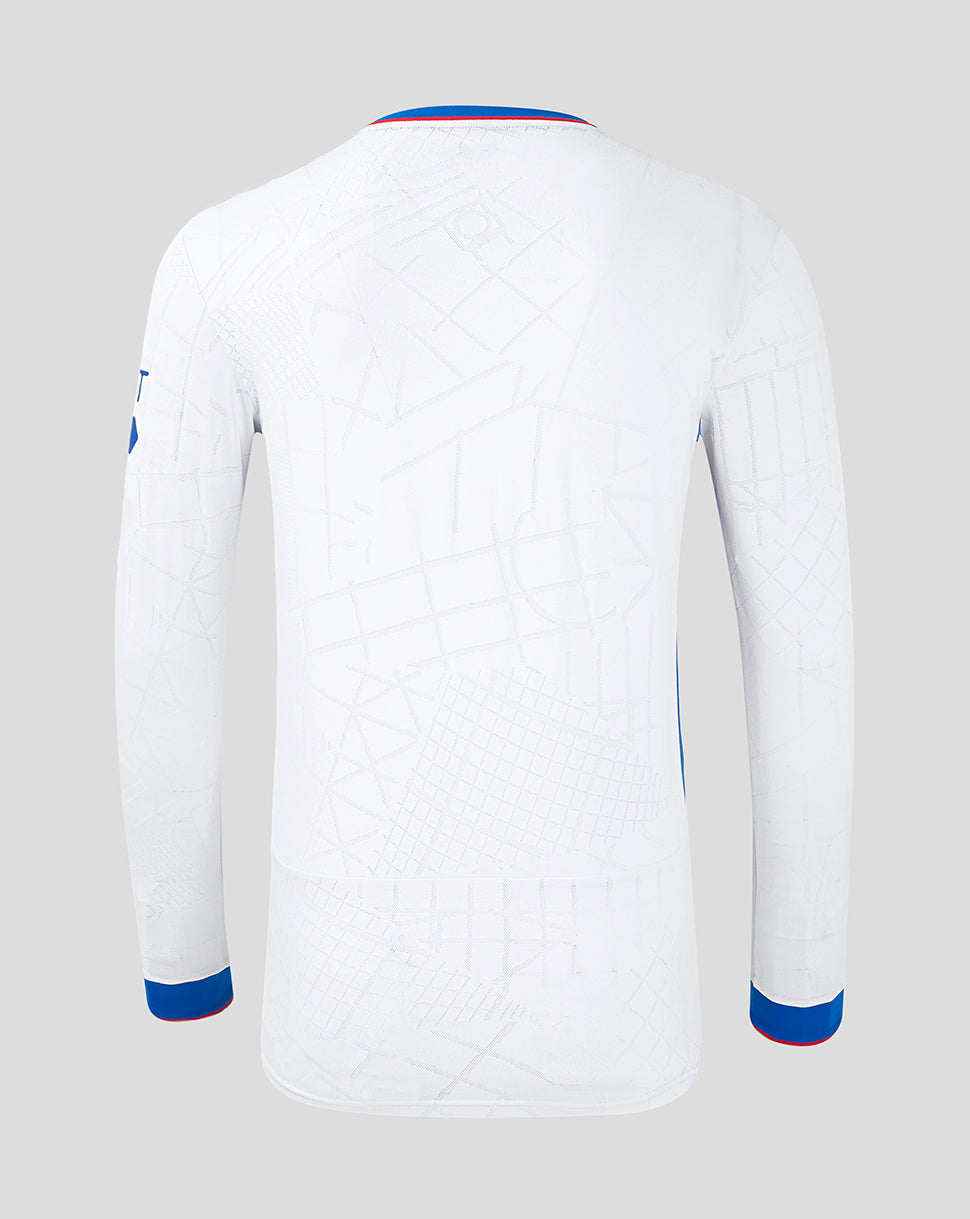 Back view of white Rangers away long sleeve shirt with geometric pattern blue red collar trim and left chest crest