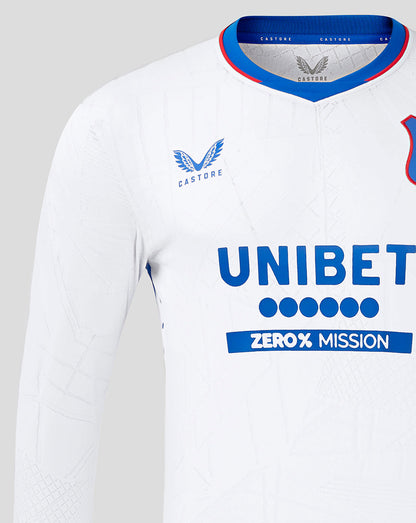 Front view of white Rangers away shirt with UNIBET sponsor and Castore branding and left chest crest