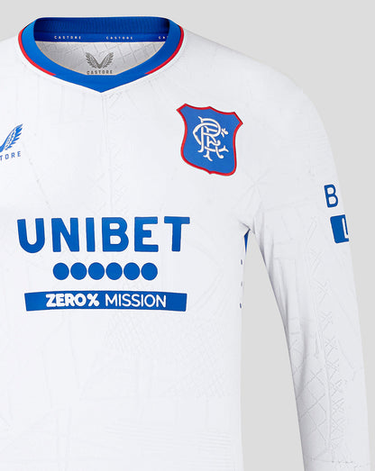 Close-up of white Rangers away shirt showing crest on the chest and UNIBET sponsor text with blue collar trim